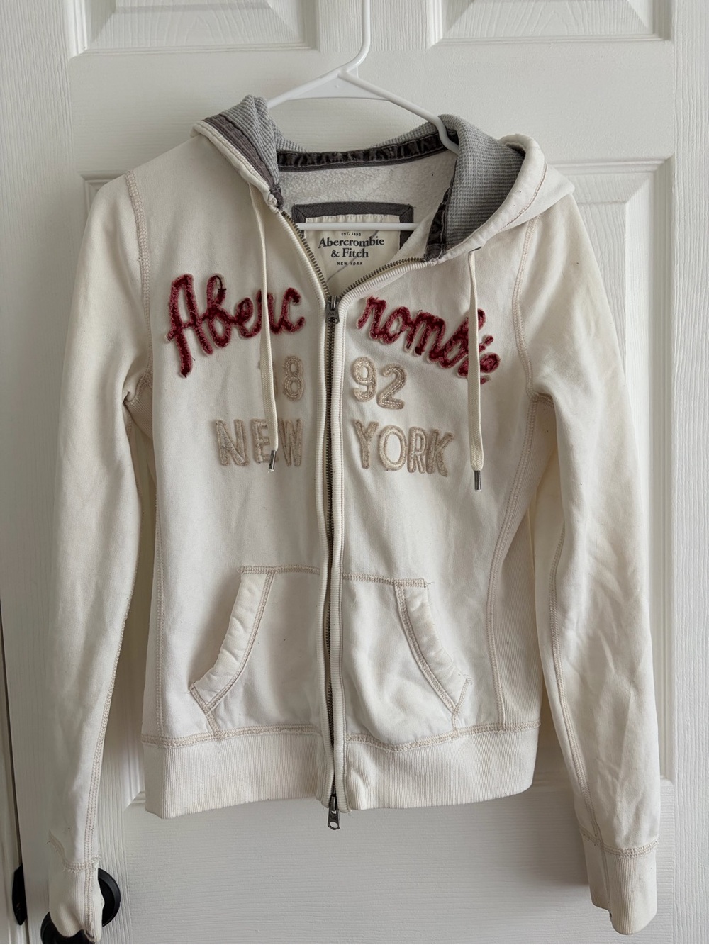 Abercrombie & Fitch Cream Zip-Up Hoodie with Red Script